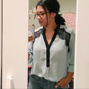 Light blue sheer top black lace detail M